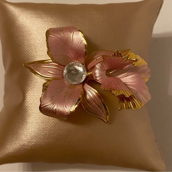 CERRITO ORIGINAL 1982 BROOCH PIN PINK ENAMEL GOLD TONE FLOWER IRIS ORCHID - Picture 3 of 8